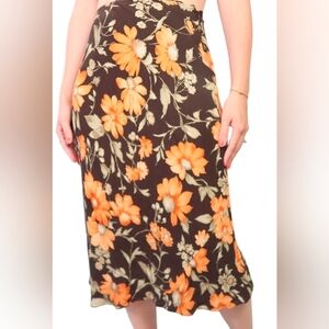 Vintage 90s Jones New York brown and orange floral silk midi skirt 3XL Silk